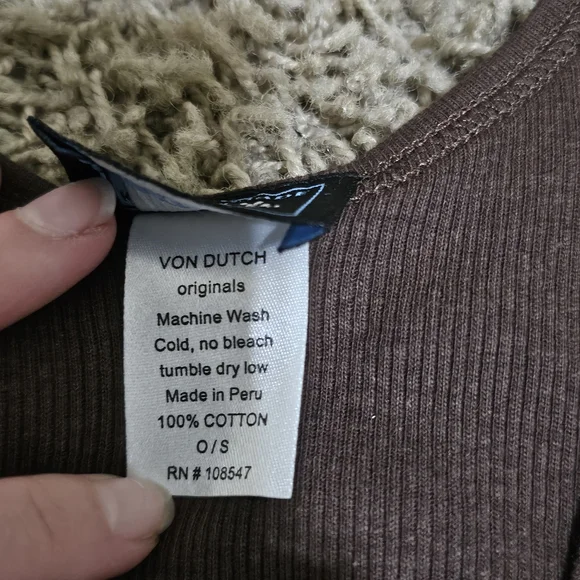 New Von Dutch Tank Brown Yellow Script Ribbed Stretch - Picture 5 of 6